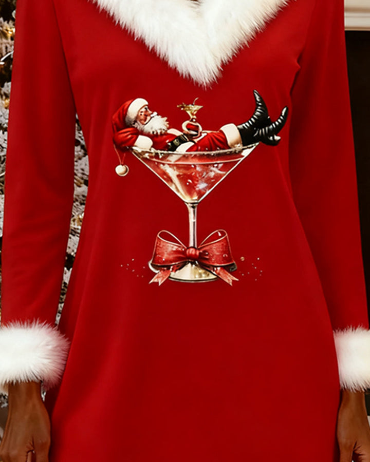 Christmas Print Fur Collar Dress
