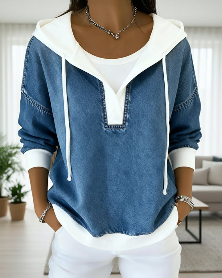 Hooded Sweatshirt with Laces and Denim Panelsc