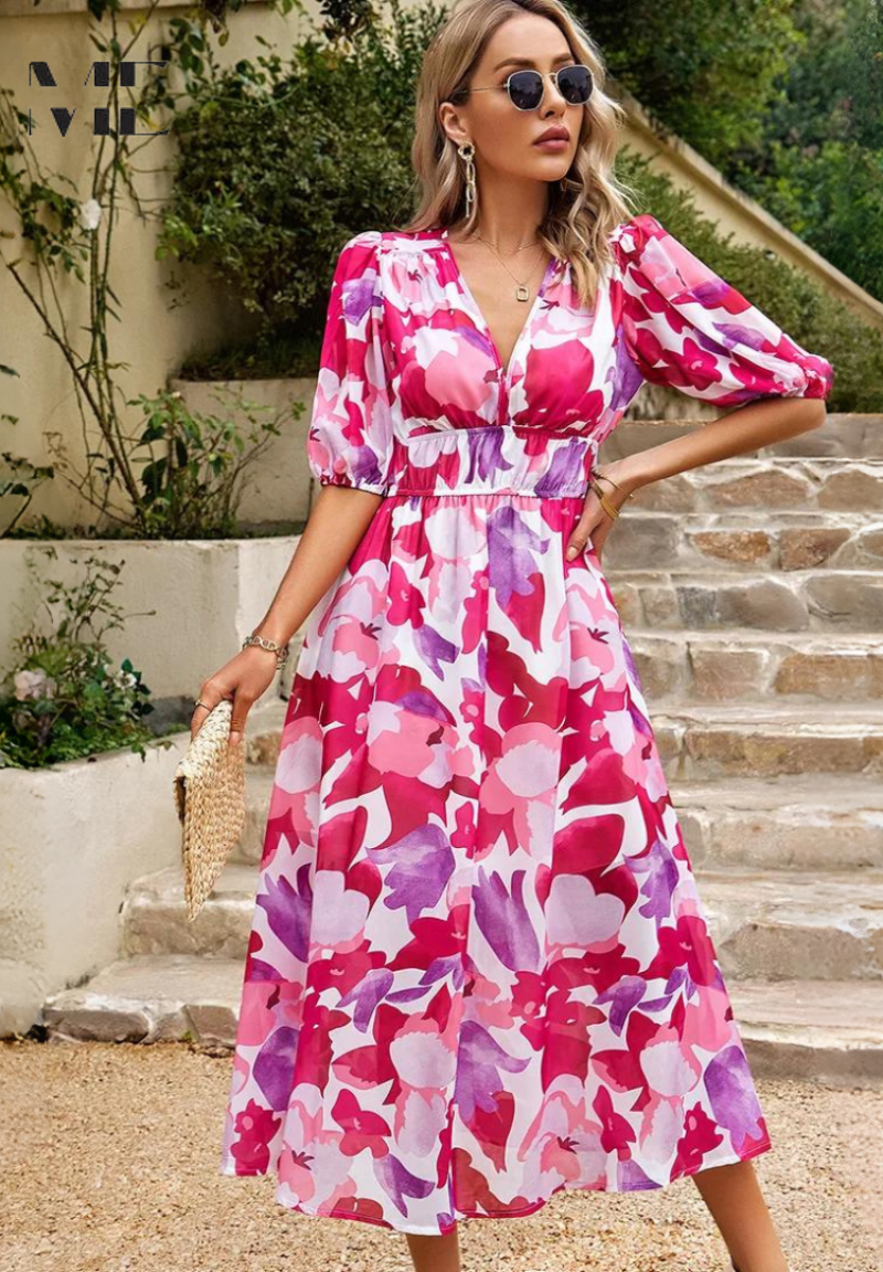 Monica | Floral Midi Dress with Puff Sleeves