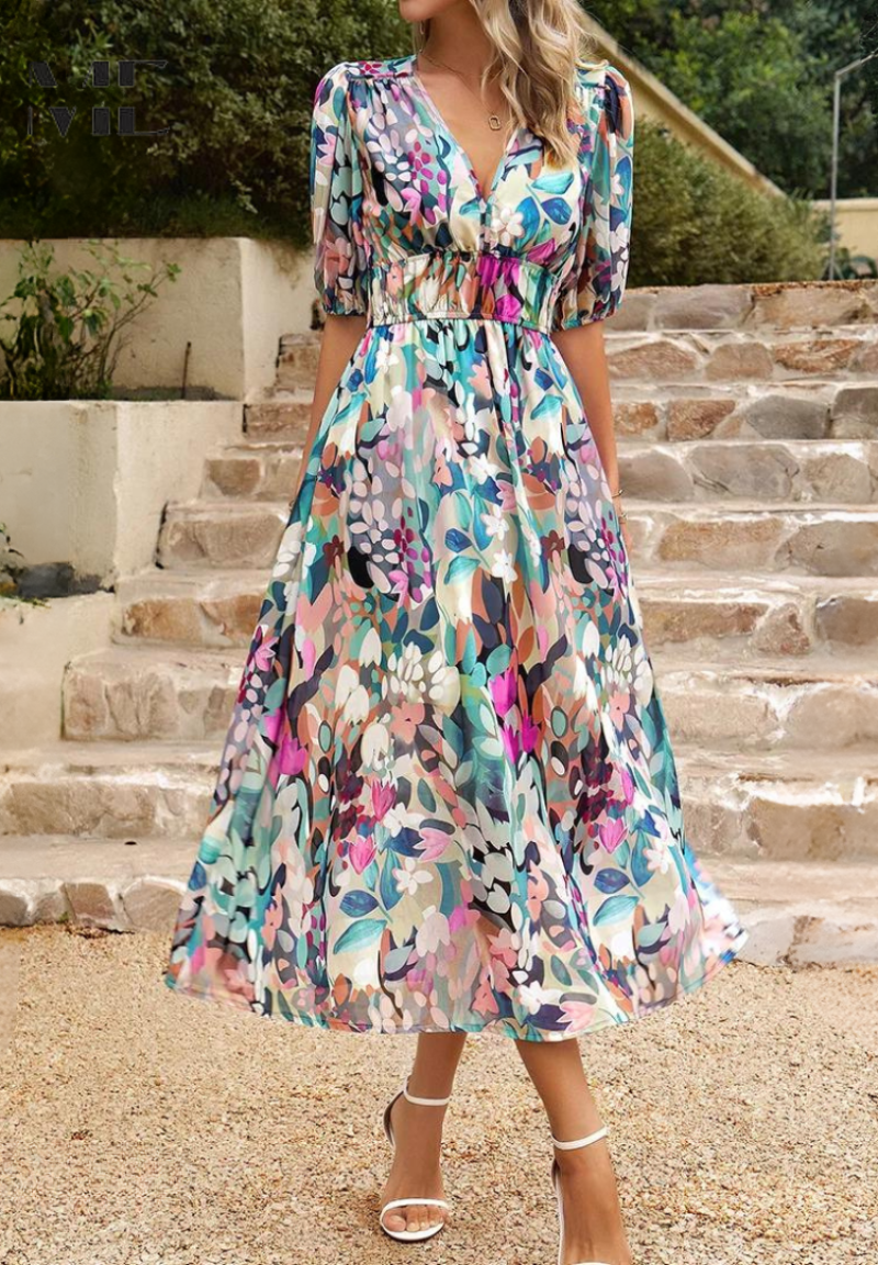 Monica | Floral Midi Dress with Puff Sleeves