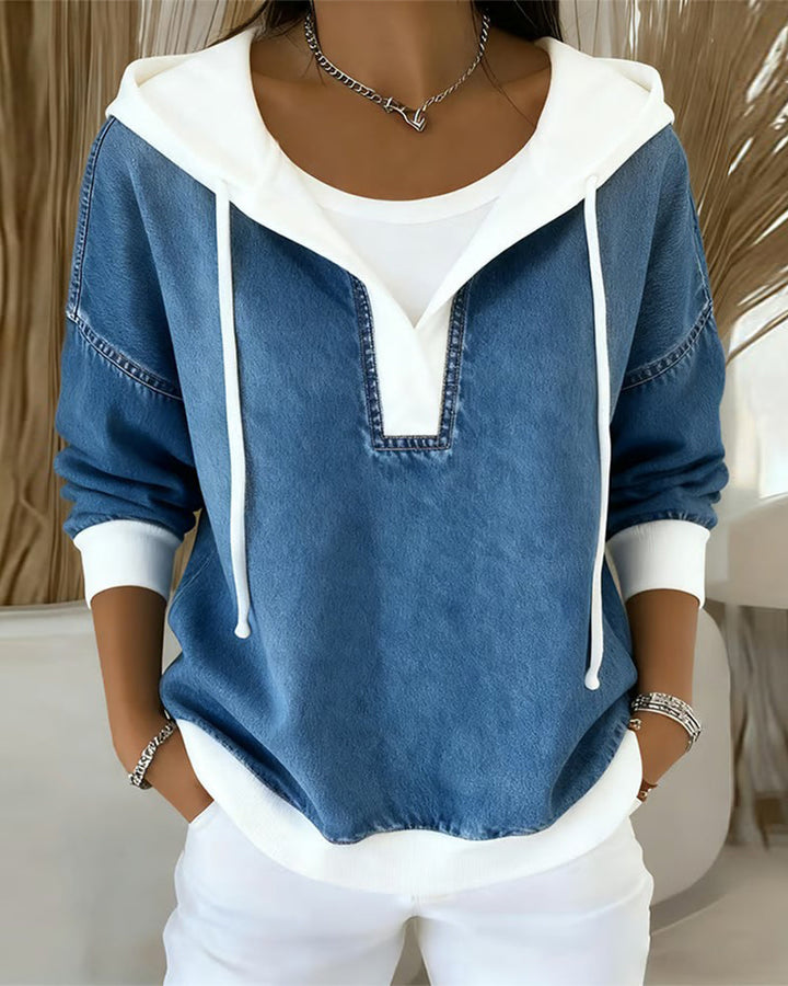 Hooded Sweatshirt with Laces and Denim Panelsc