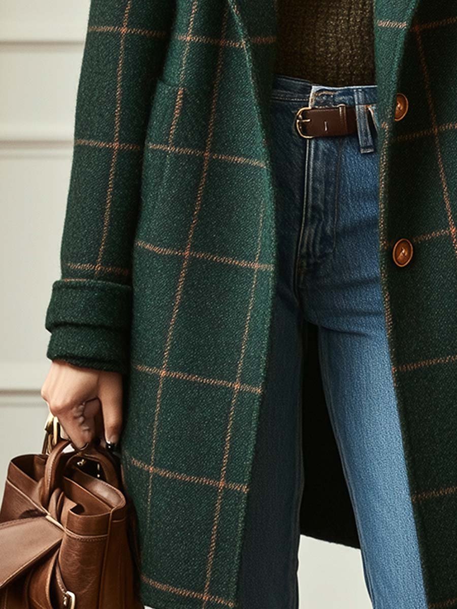 Women's Retro Lapel Plaid-Tweed Coat